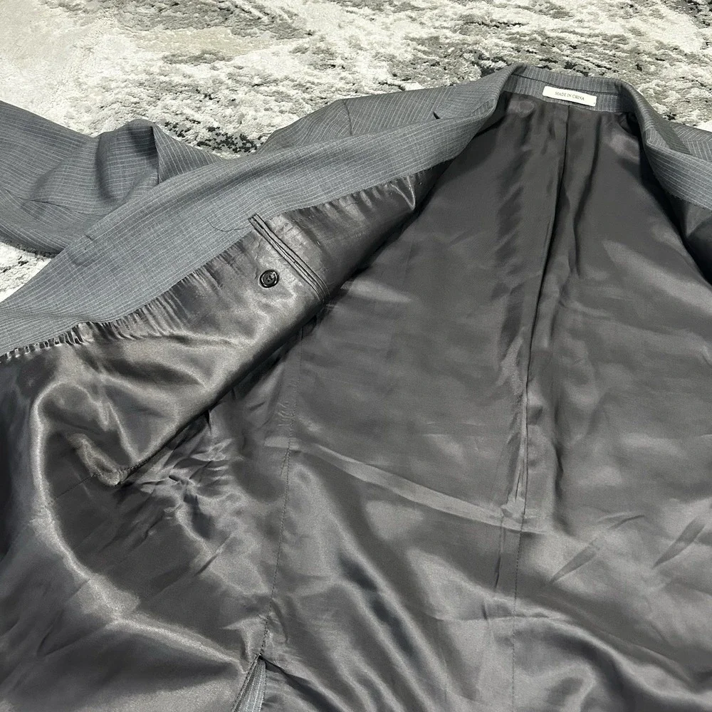Lauren Ralph Lauren Blazer Sport Jacket 46 L Gray 100% Wool Trim Fit Pin Striped